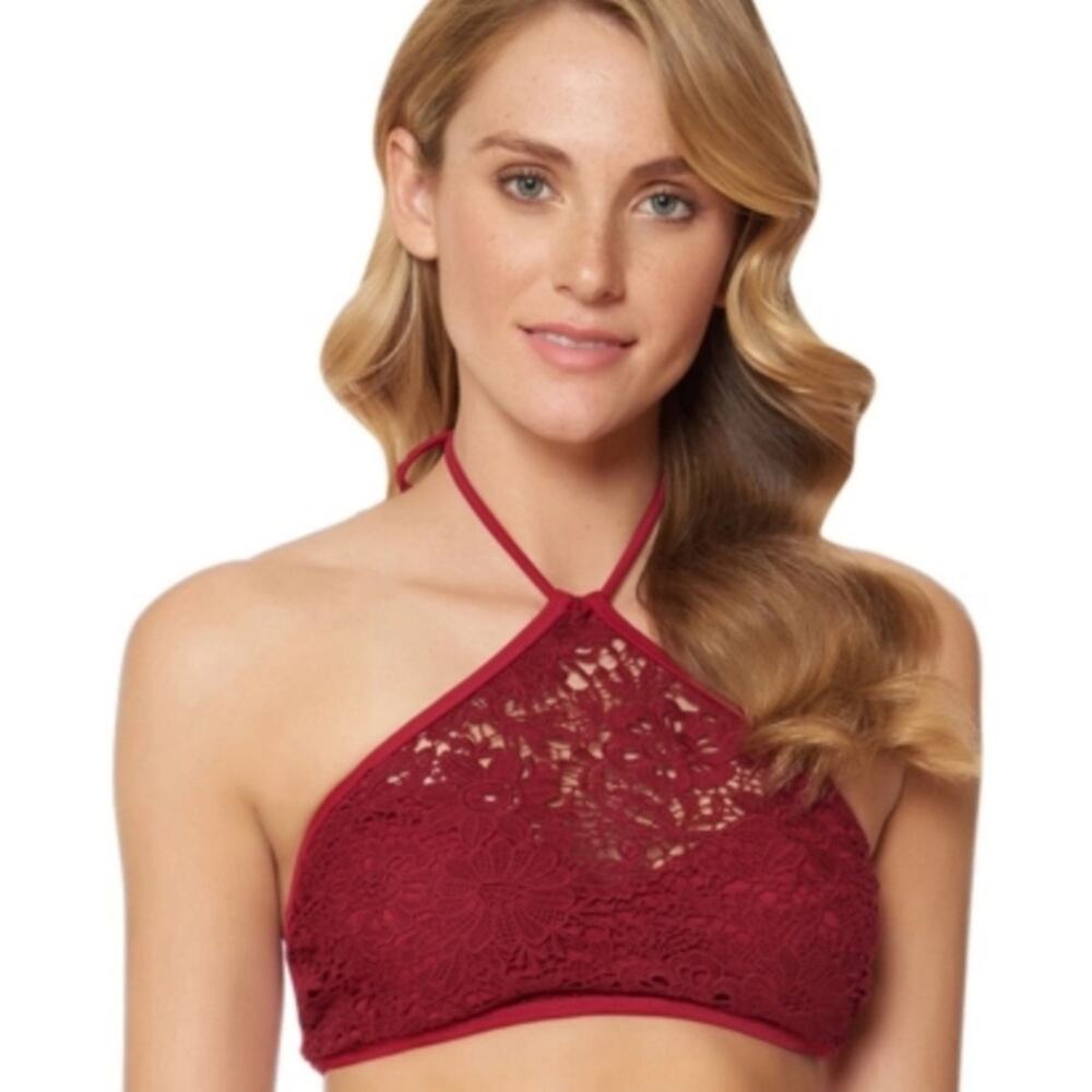 Jessica Simpson Crocheted Lace Halter Neck Cranberry Red Bikini Top Size Large